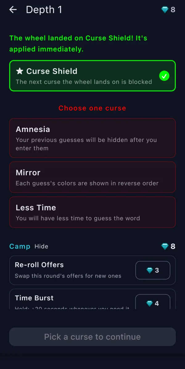 Choosing a curse, with Camp items below