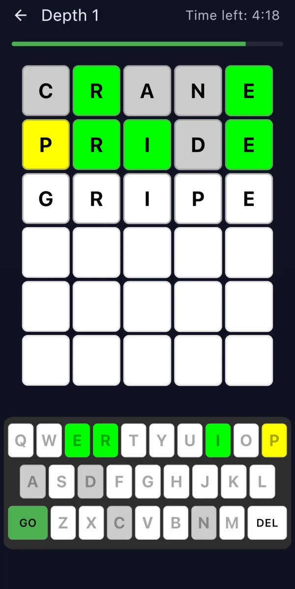 A WordDelve board at depth 1 with green and yellow letters